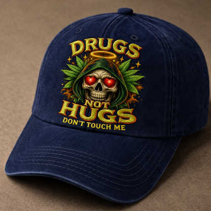 Drugs Not Hugs Skull Embroidered Baseball Cap – Vintage Washed Statement Dad Hat