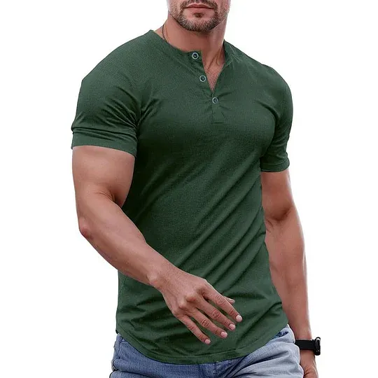 Men's Plain Muscle Slim Fitted Henley Shirts Crewneck T-Shirt