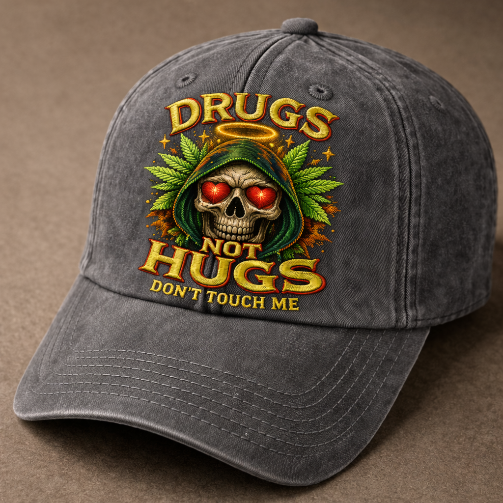 Drugs Not Hugs Skull Embroidered Baseball Cap – Vintage Washed Statement Dad Hat