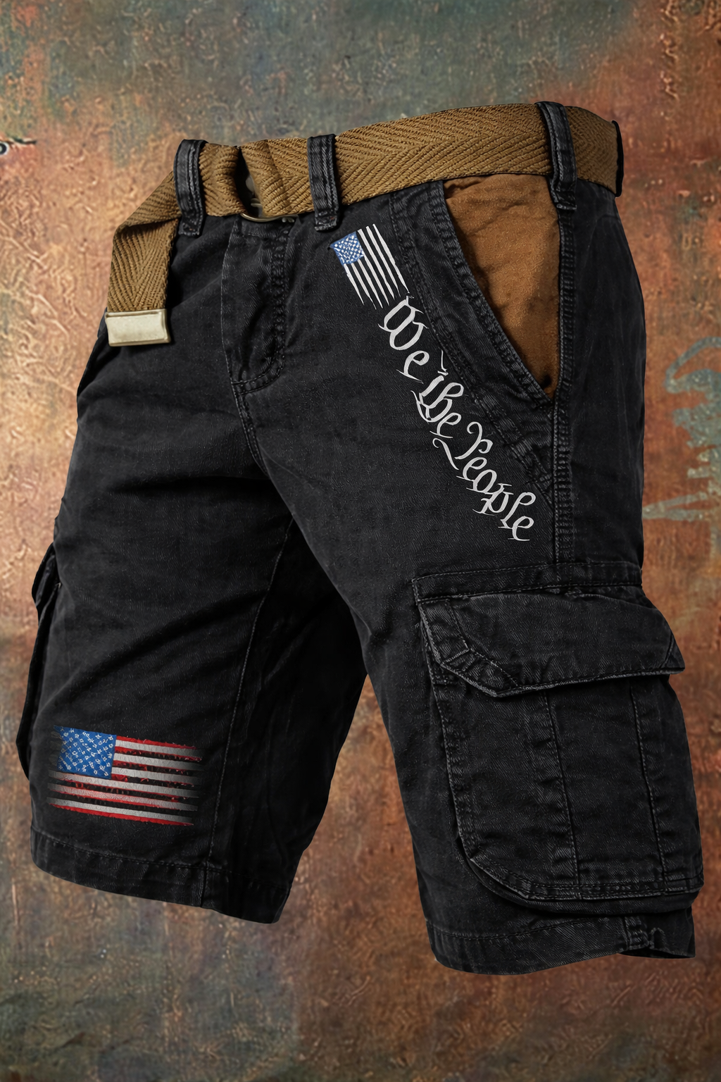 Men's Vintage Flag Independence Day Multi-Pocket Print Cargo Shorts (Belt Not Included)