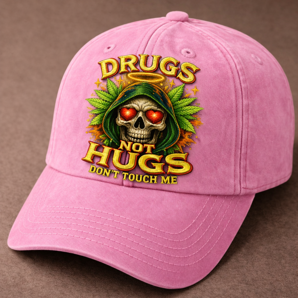 Drugs Not Hugs Skull Embroidered Baseball Cap – Vintage Washed Statement Dad Hat