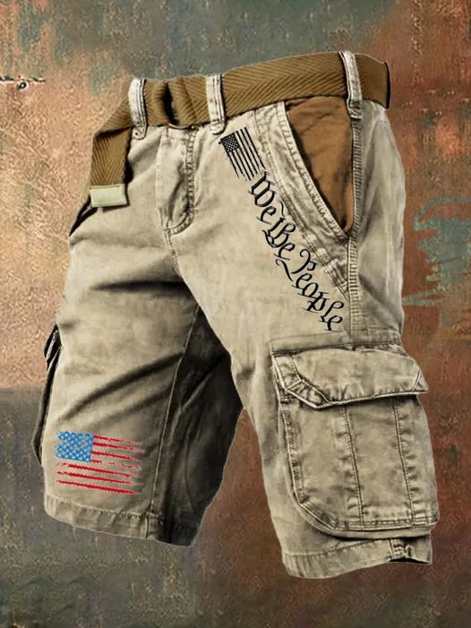 Men's Vintage Flag Independence Day Multi-Pocket Print Cargo Shorts (Belt Not Included)