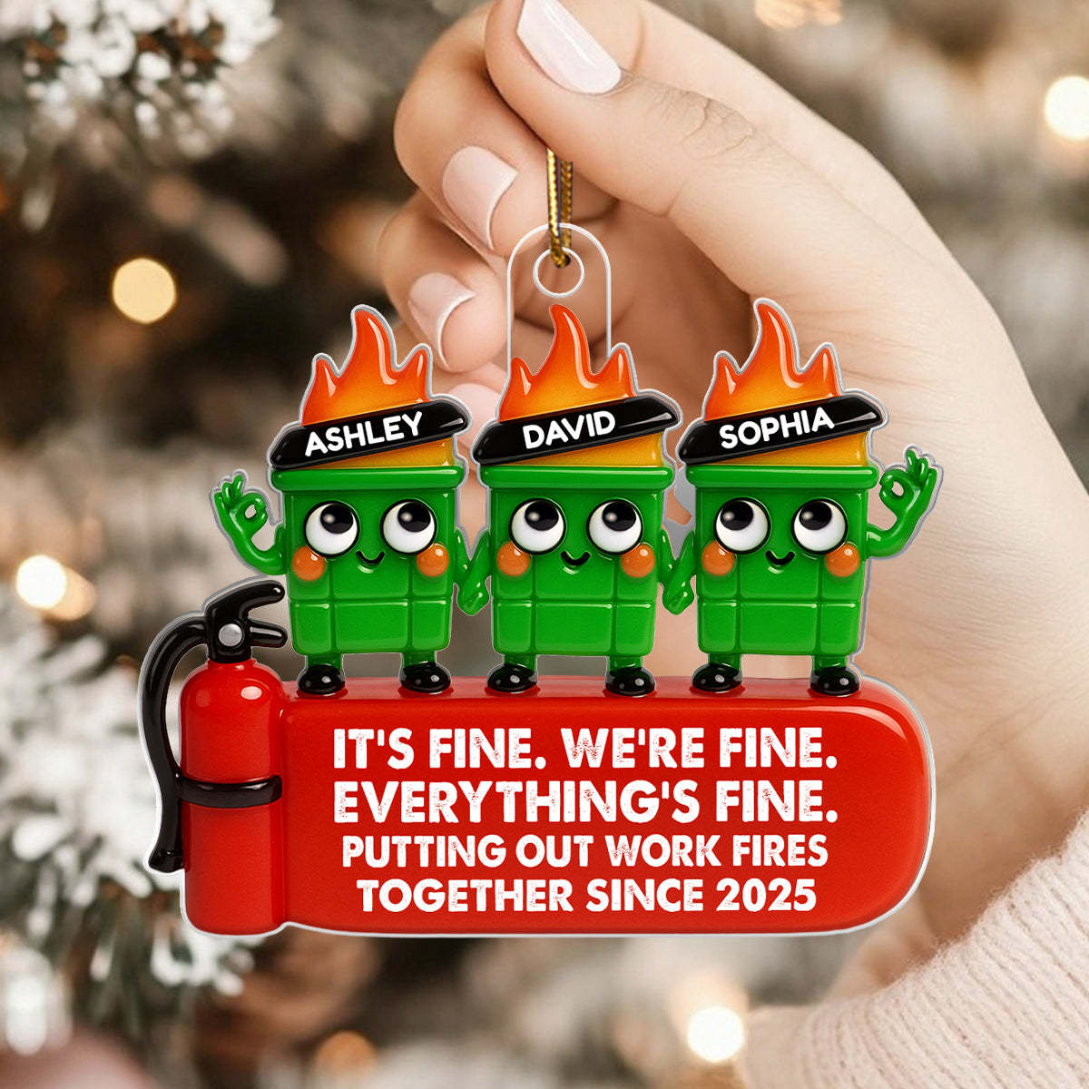 Coworkers Putting Out Work Fire Together Dumpster Fire - Personalized Acrylic Ornament - Funny Humor Christmas Gift for Coworkers, Colleagues