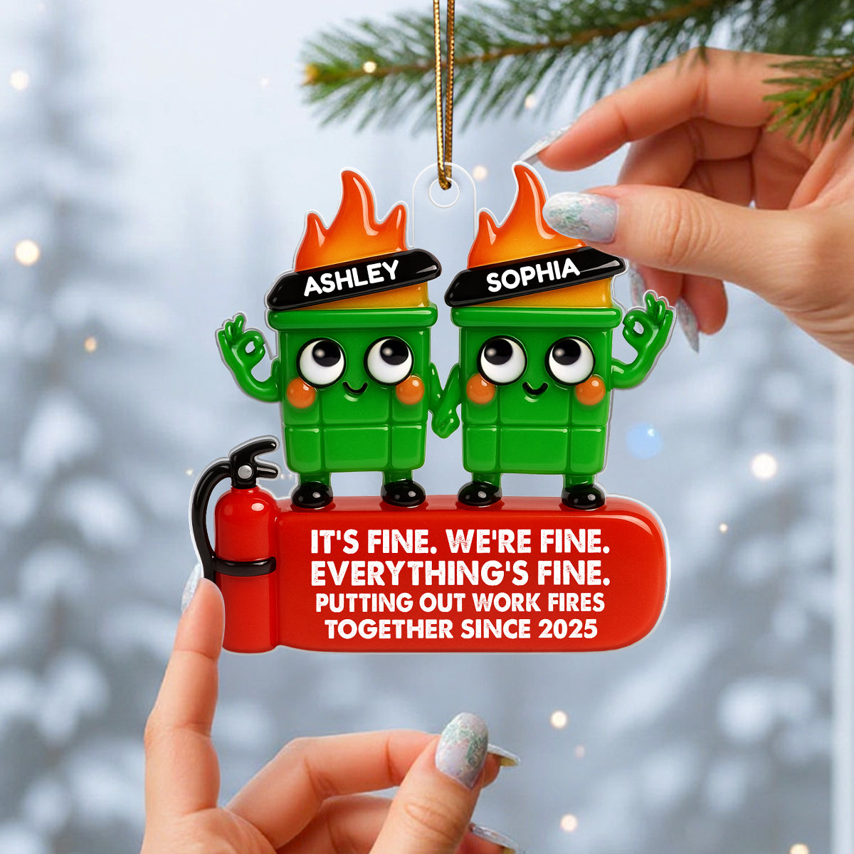 Coworkers Putting Out Work Fire Together Dumpster Fire - Personalized Acrylic Ornament - Funny Humor Christmas Gift for Coworkers, Colleagues