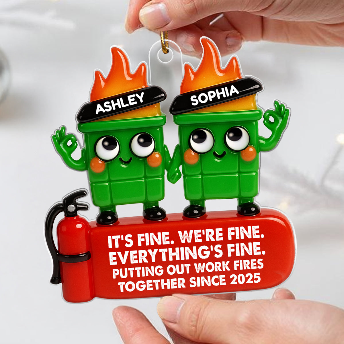 Coworkers Putting Out Work Fire Together Dumpster Fire - Personalized Acrylic Ornament - Funny Humor Christmas Gift for Coworkers, Colleagues