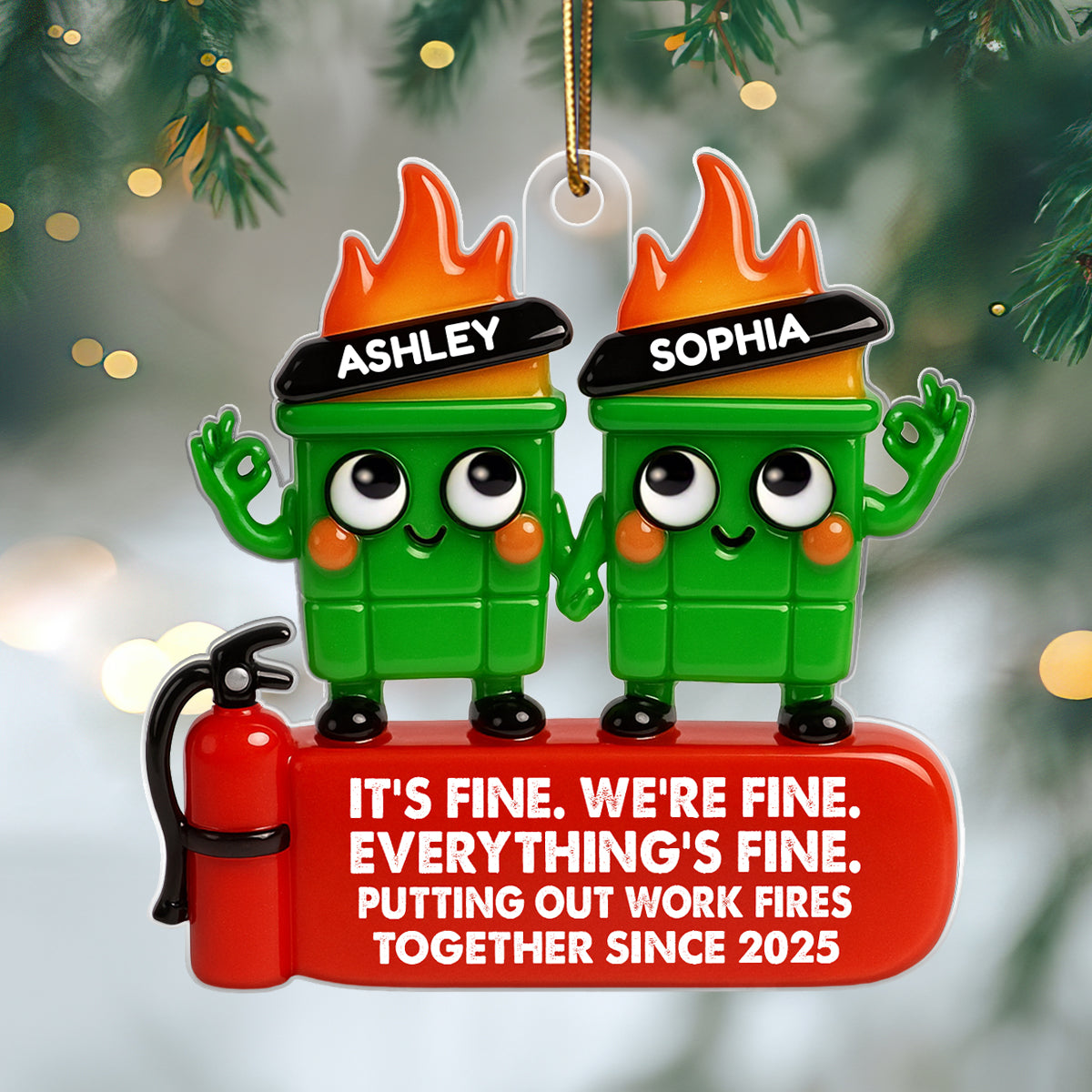 Coworkers Putting Out Work Fire Together Dumpster Fire - Personalized Acrylic Ornament - Funny Humor Christmas Gift for Coworkers, Colleagues