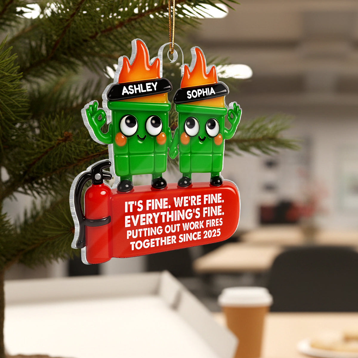 Coworkers Putting Out Work Fire Together Dumpster Fire - Personalized Acrylic Ornament - Funny Humor Christmas Gift for Coworkers, Colleagues