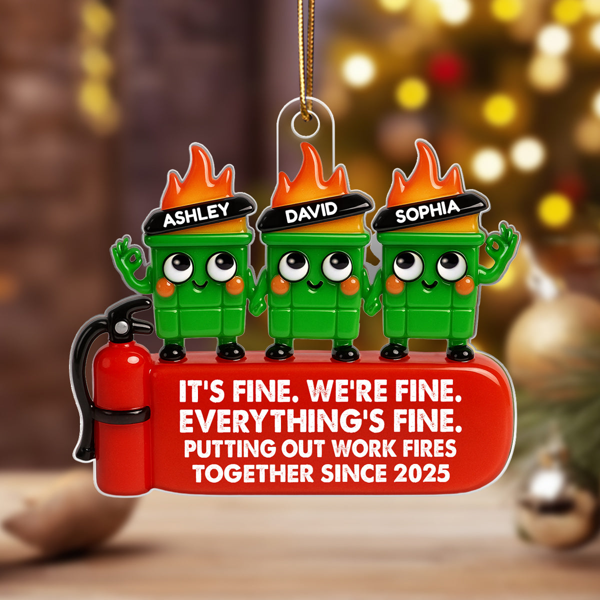Coworkers Putting Out Work Fire Together Dumpster Fire - Personalized Acrylic Ornament - Funny Humor Christmas Gift for Coworkers, Colleagues