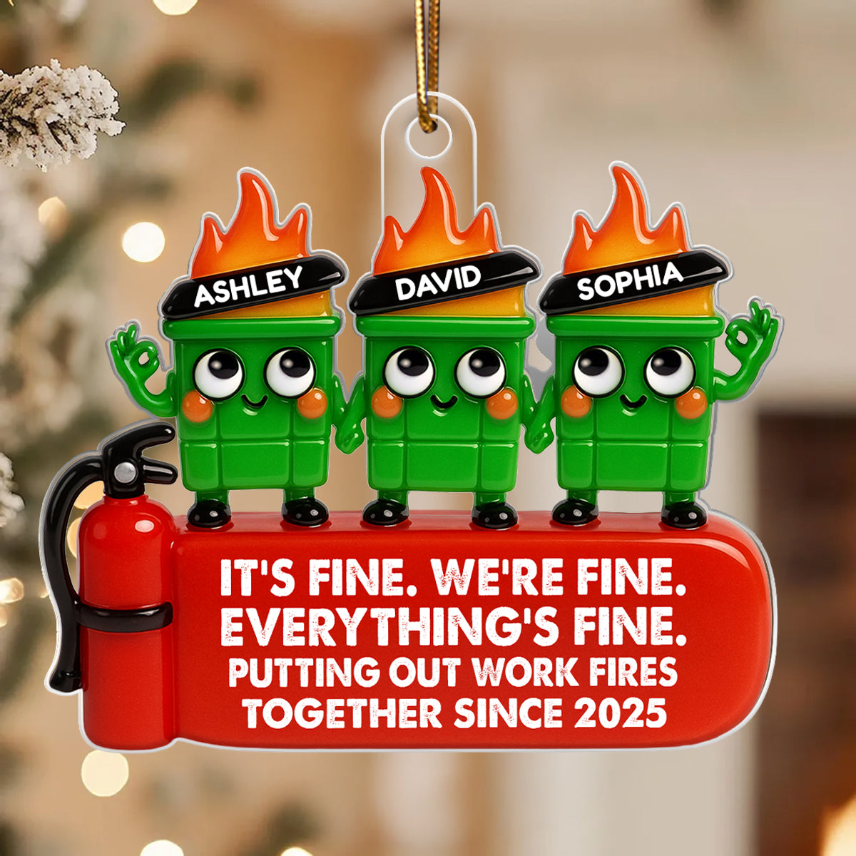 Coworkers Putting Out Work Fire Together Dumpster Fire - Personalized Acrylic Ornament - Funny Humor Christmas Gift for Coworkers, Colleagues
