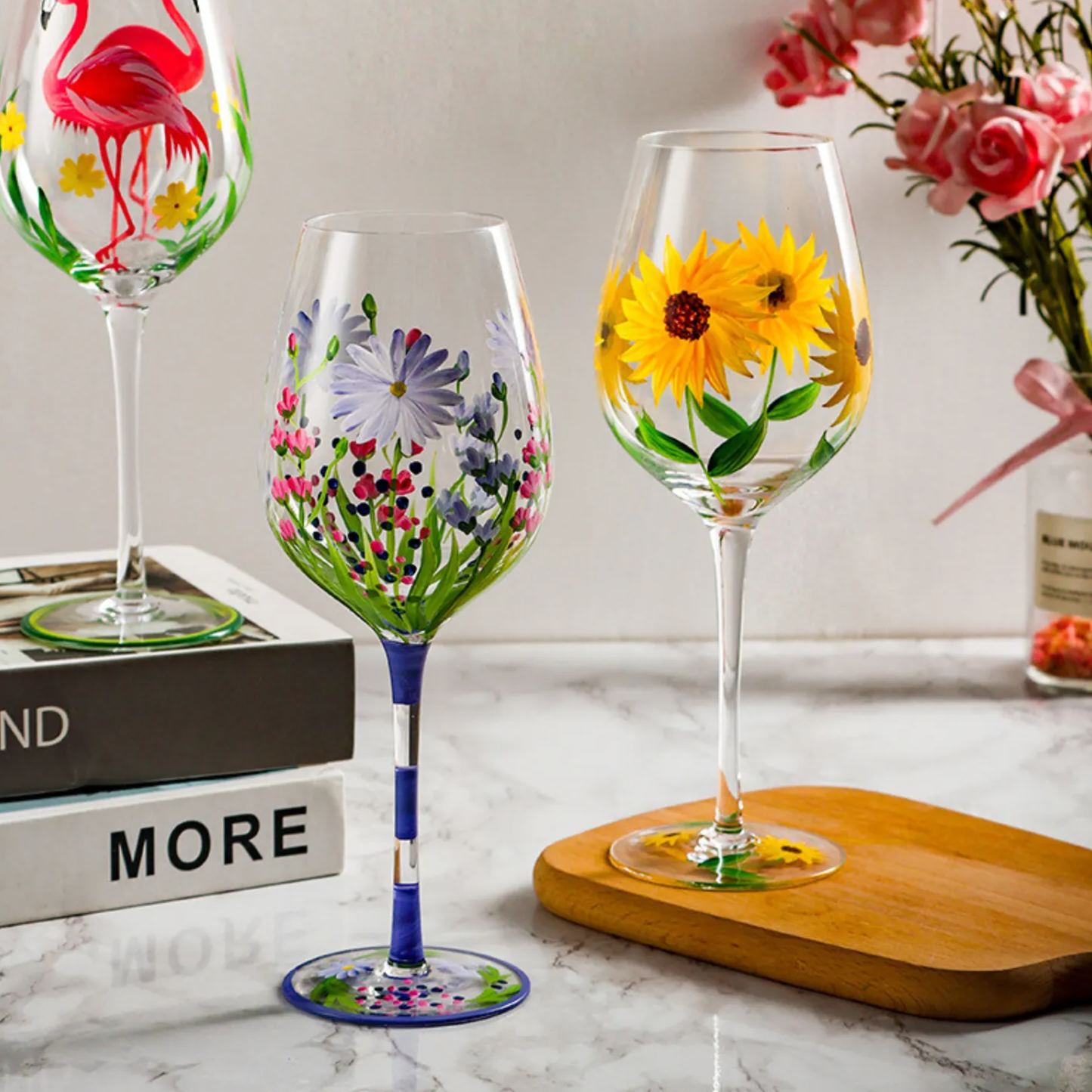 Hand-Painted Flowers Wine Glass Household Painted Goblet Crystal Champagne Drinkware