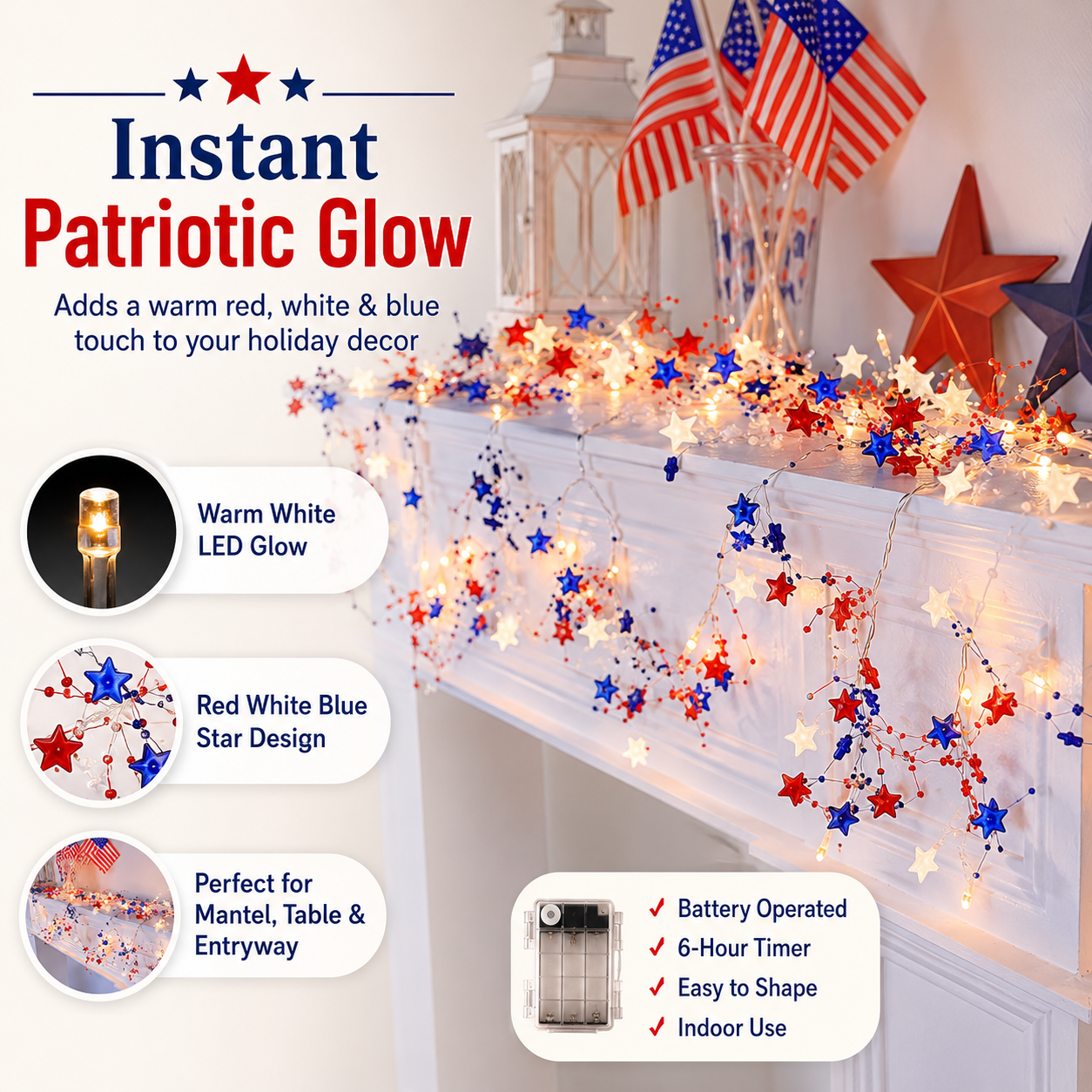 Fourth of July Garland Patriotic Lights