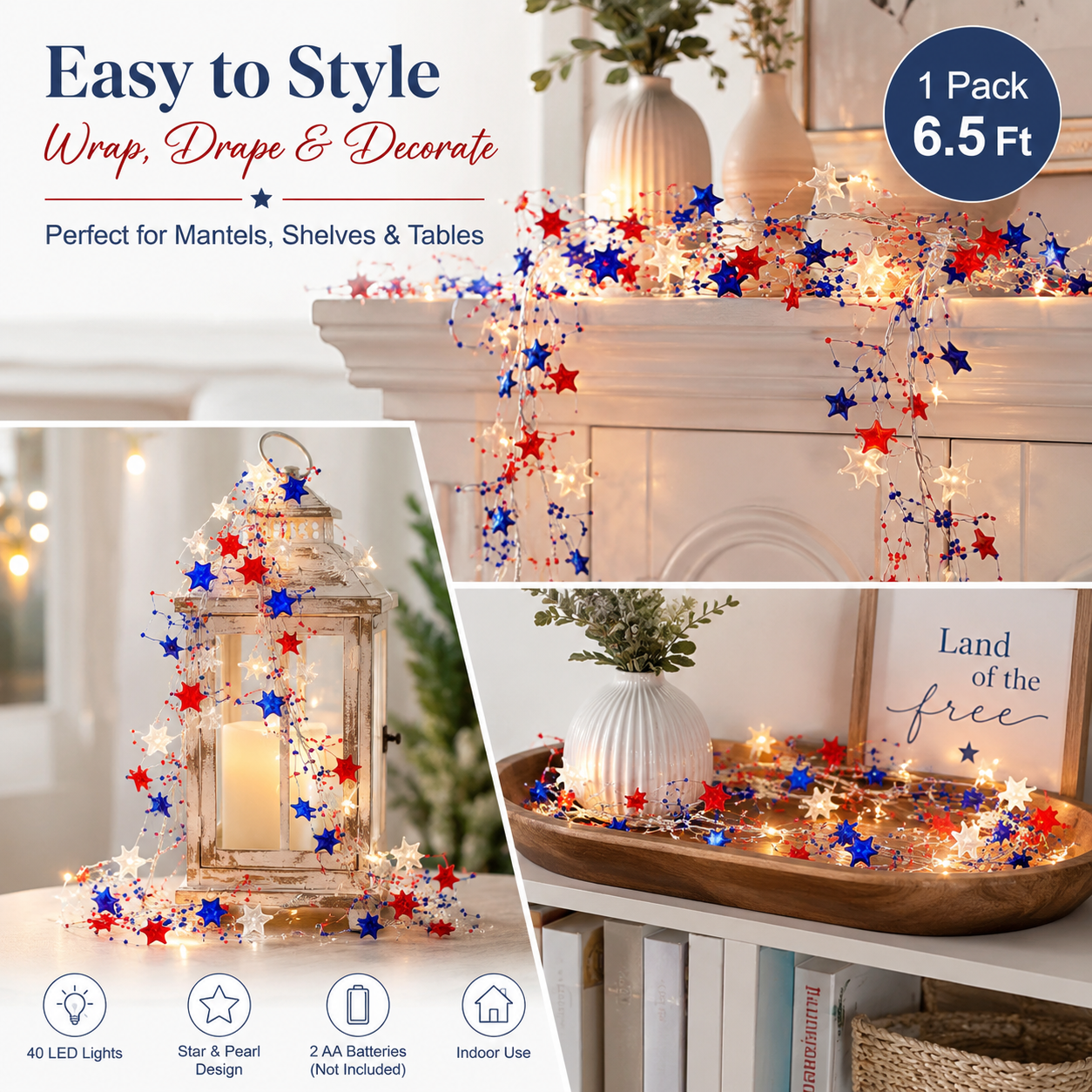 Fourth of July Garland Patriotic Lights