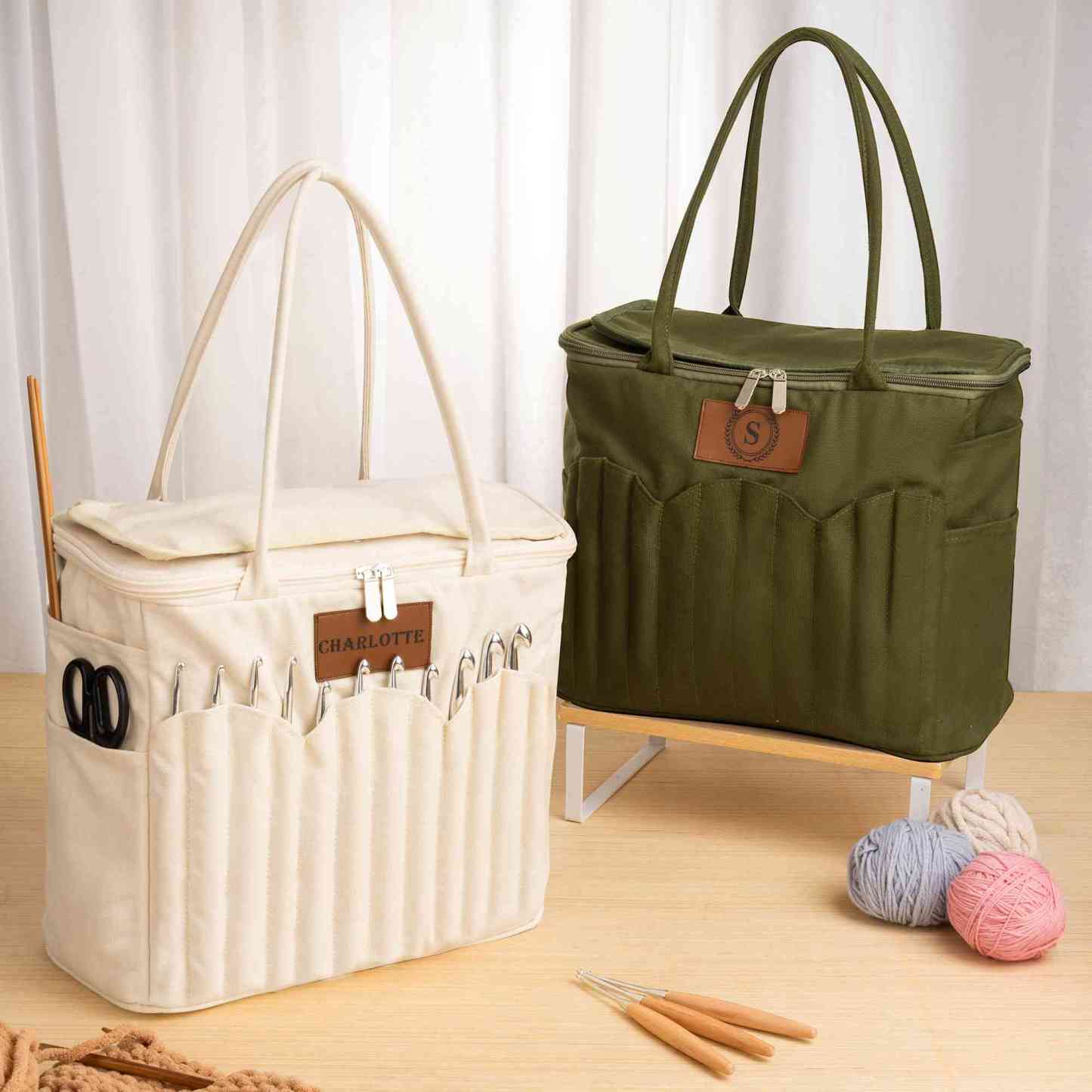 Personalized Monogram Large Canvas Yarn Storage Bag with Needle Pockets and Handle Crochet Knitting Accessories Birthday Gift for Craft Lovers
