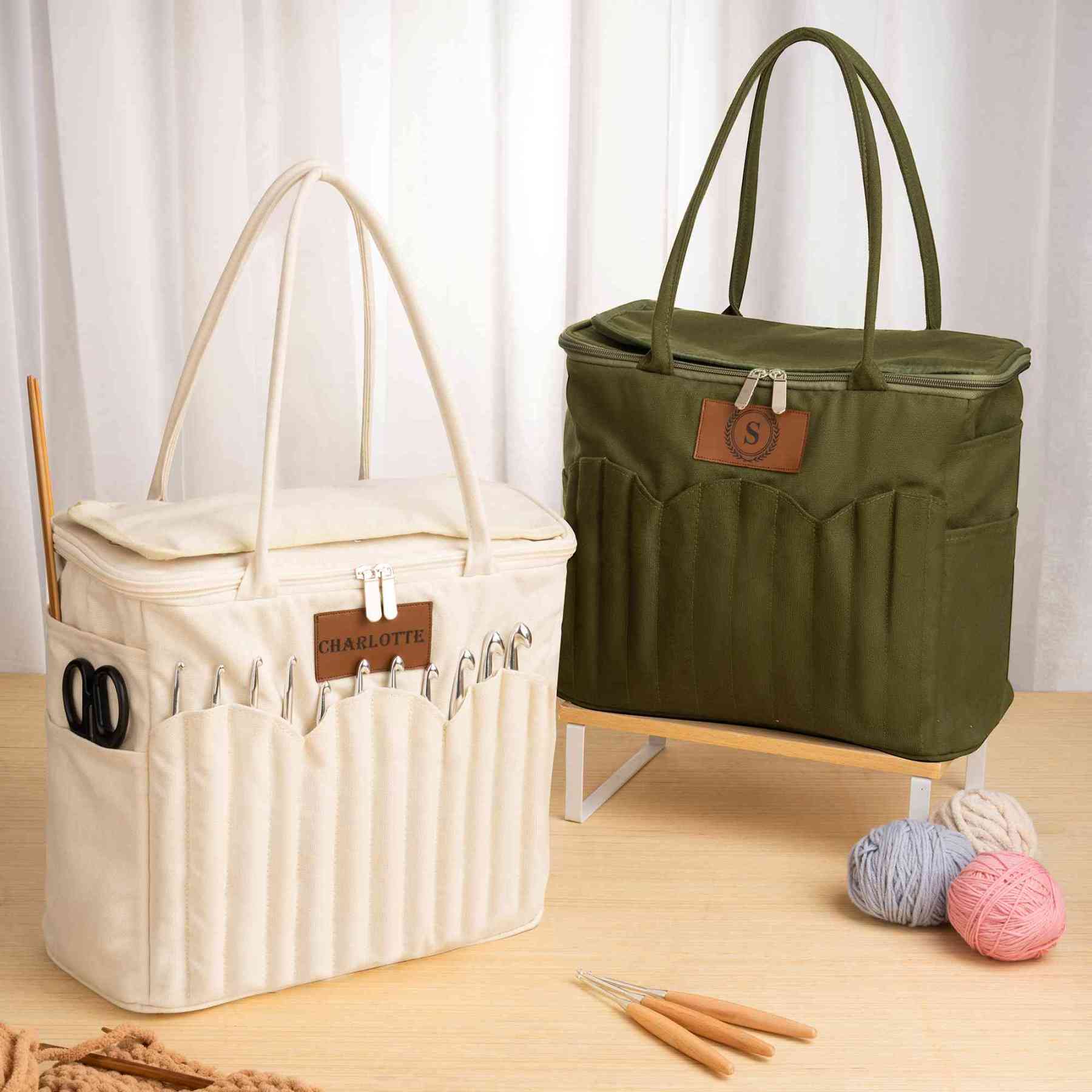 Personalized Monogram Large Canvas Yarn Storage Bag with Needle Pockets and Handle Crochet Knitting Accessories Birthday Gift for Craft Lovers