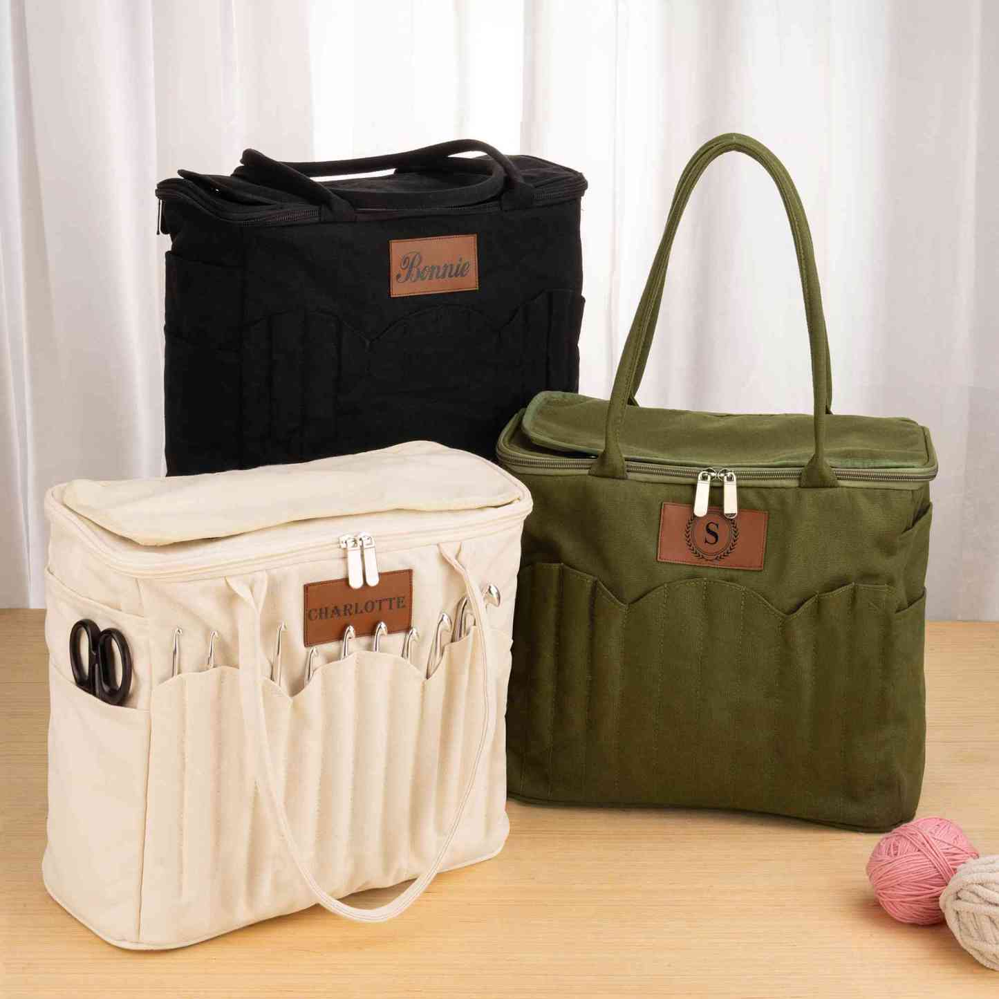 Personalized Monogram Large Canvas Yarn Storage Bag with Needle Pockets and Handle Crochet Knitting Accessories Birthday Gift for Craft Lovers