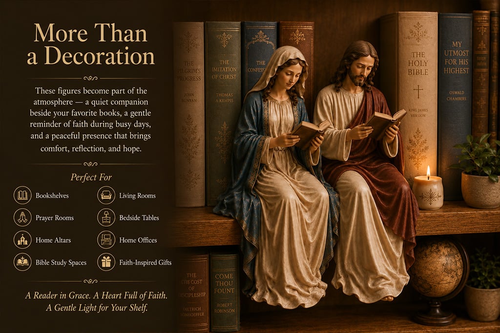  📖 Handcrafted Jesus/Virgin Mary Reading Bookshelf Figure