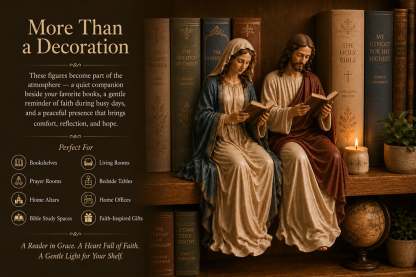  📖 Handcrafted Jesus/Virgin Mary Reading Bookshelf Figure