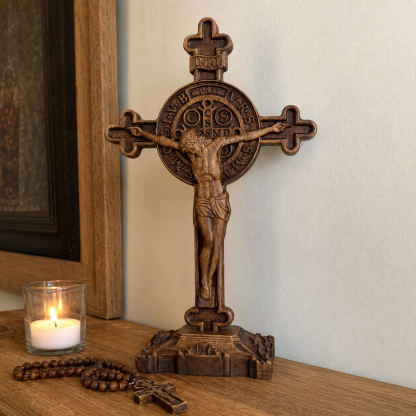 Hand-Carved Beechwood Saint Benedict Crucifix – Double-Sided Christian Standing Cross