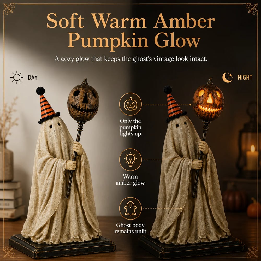 🏆Summerween Sale 49% OFF 👻🎃 Lighted Vintage Ghost Figurine with Glowing Pumpkin Staff