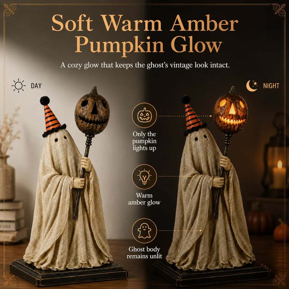 🏆Summerween Sale 49% OFF 👻🎃 Lighted Vintage Ghost Figurine with Glowing Pumpkin Staff