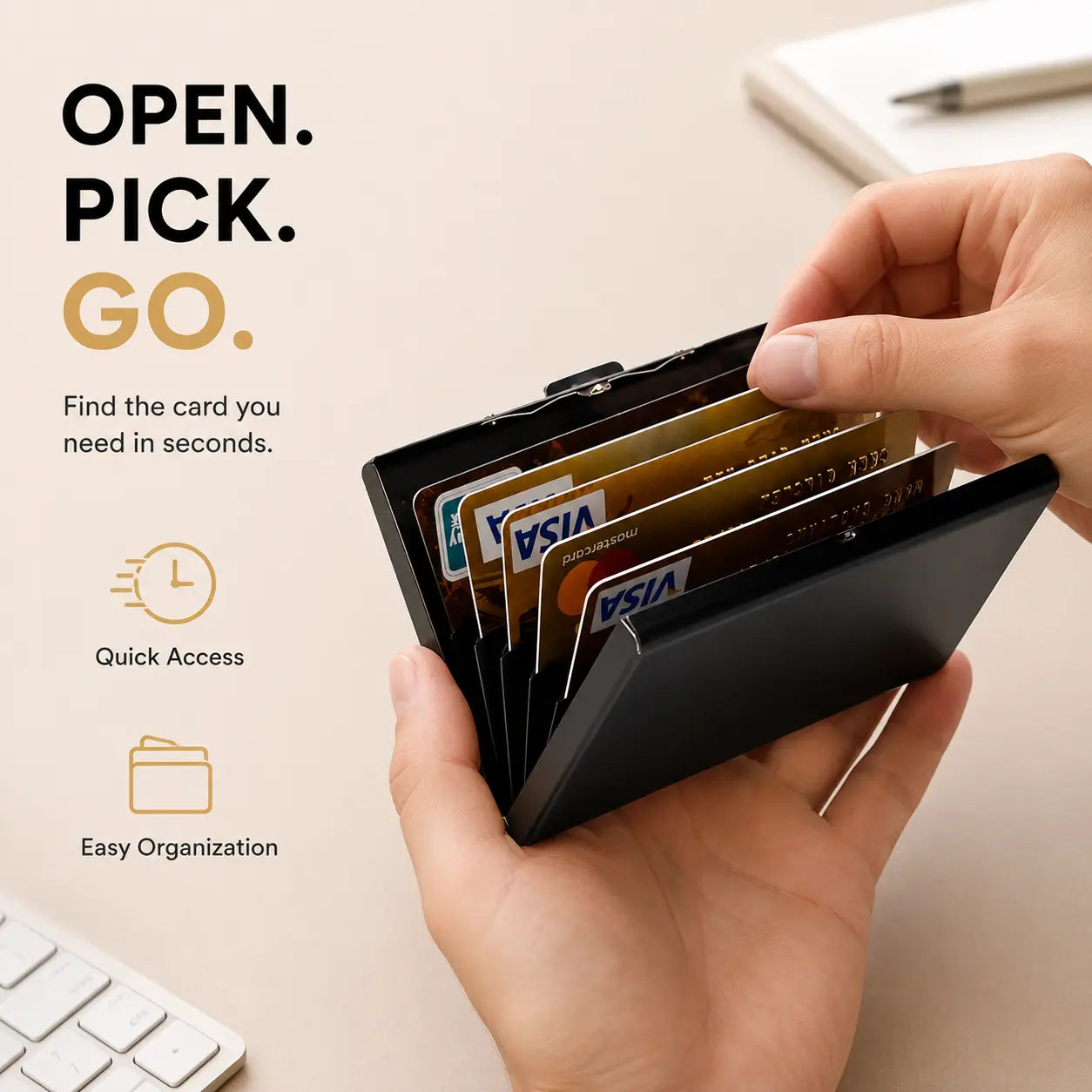Quick access accordion card holder