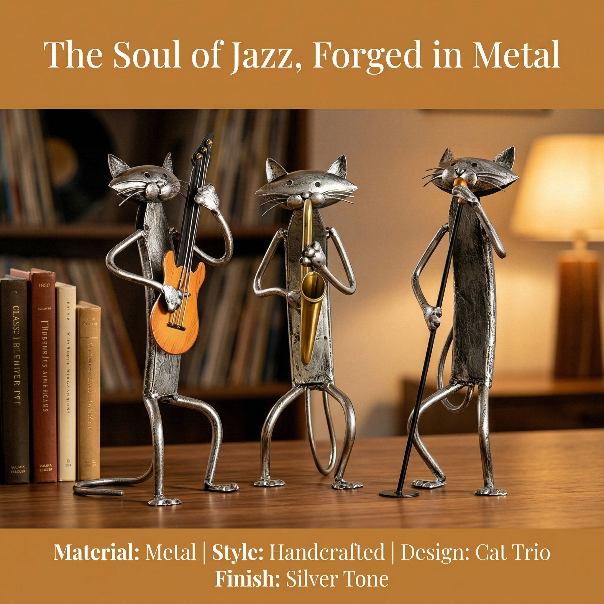 Handcrafted Metal Cat Band Sculpture