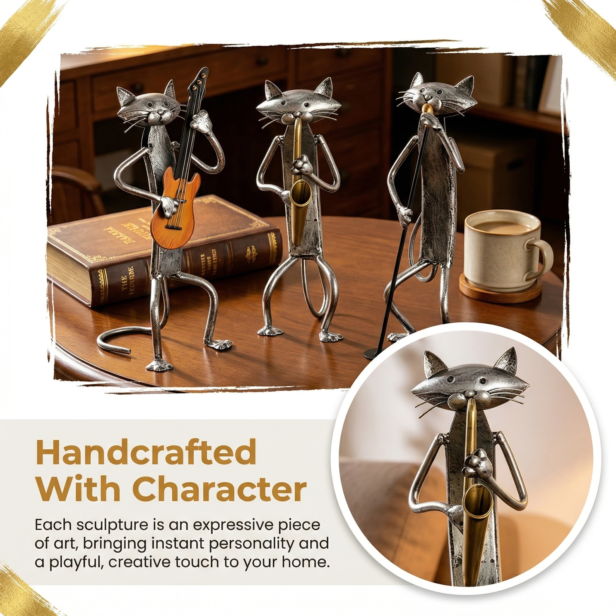 Handcrafted Metal Cat Band Sculpture