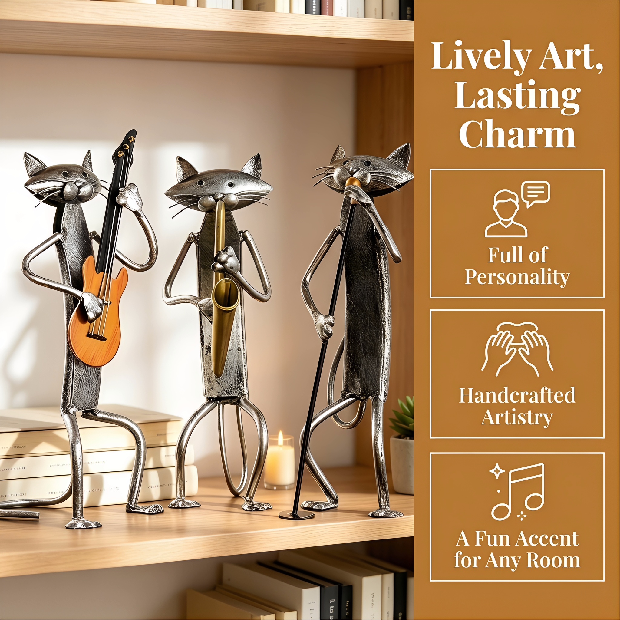 Handcrafted Metal Cat Band Sculpture