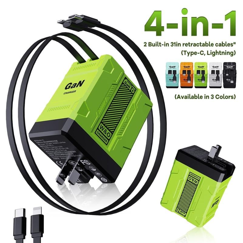 W&O 4-in-1 GaN PD3.0 Fast Charger with Retractable Cables