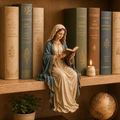  📖 Handcrafted Jesus/Virgin Mary Reading Bookshelf Figure