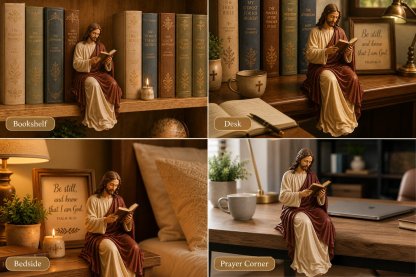  📖 Handcrafted Jesus/Virgin Mary Reading Bookshelf Figure