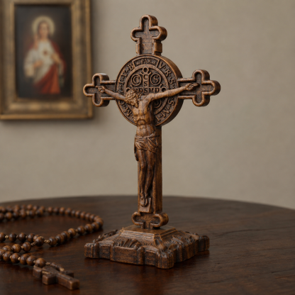 Hand-Carved Beechwood Saint Benedict Crucifix – Double-Sided Christian Standing Cross