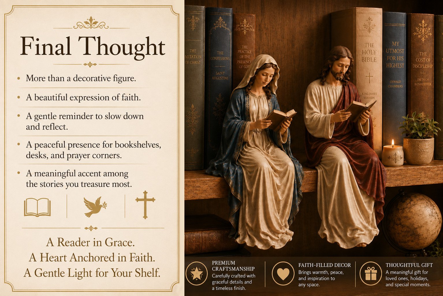  📖 Handcrafted Jesus/Virgin Mary Reading Bookshelf Figure