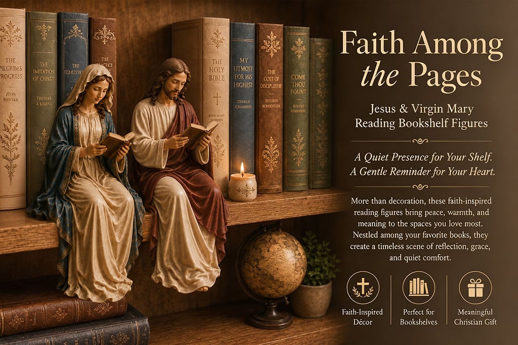  📖 Handcrafted Jesus/Virgin Mary Reading Bookshelf Figure