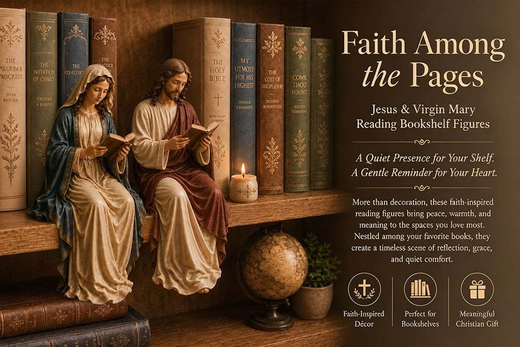  📖 Handcrafted Jesus/Virgin Mary Reading Bookshelf Figure