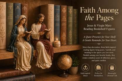  📖 Handcrafted Jesus/Virgin Mary Reading Bookshelf Figure