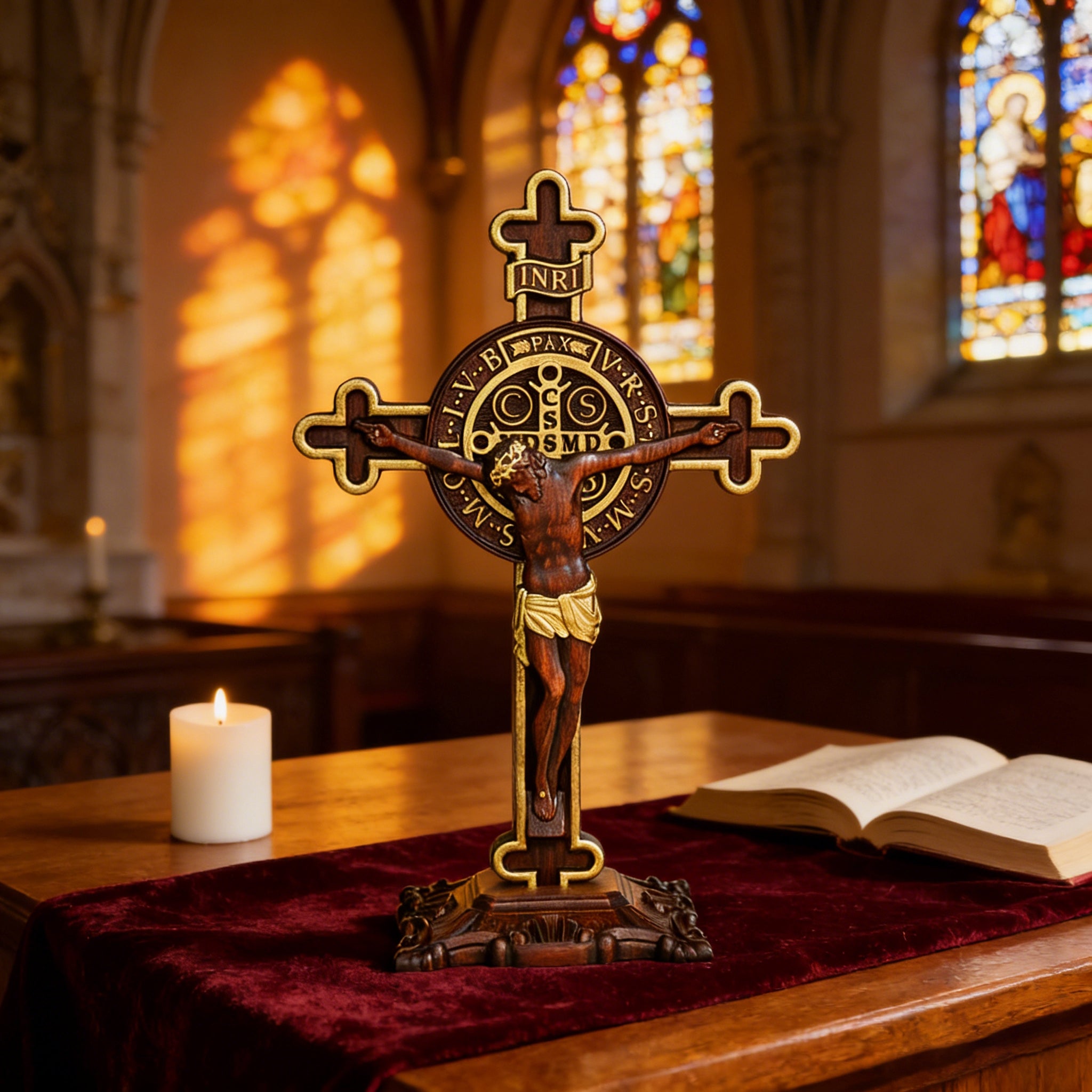Hand carved Saint Benedict Crucifix Christian wooden cross
