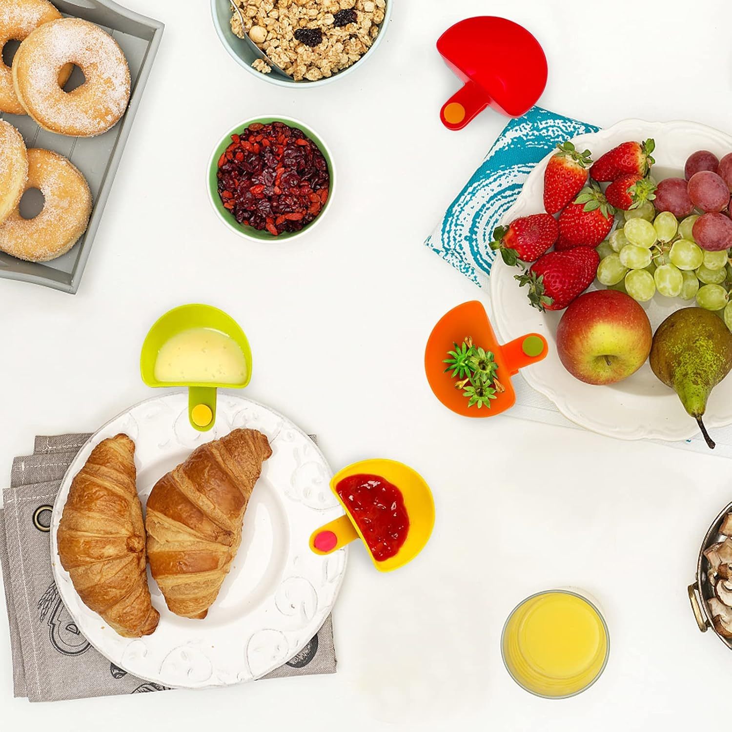 8-Pack Dip Clips for Plates Sets | Colorful Unbreakable Plastic Appetizer Platter Bowls | Party Snacking Tray