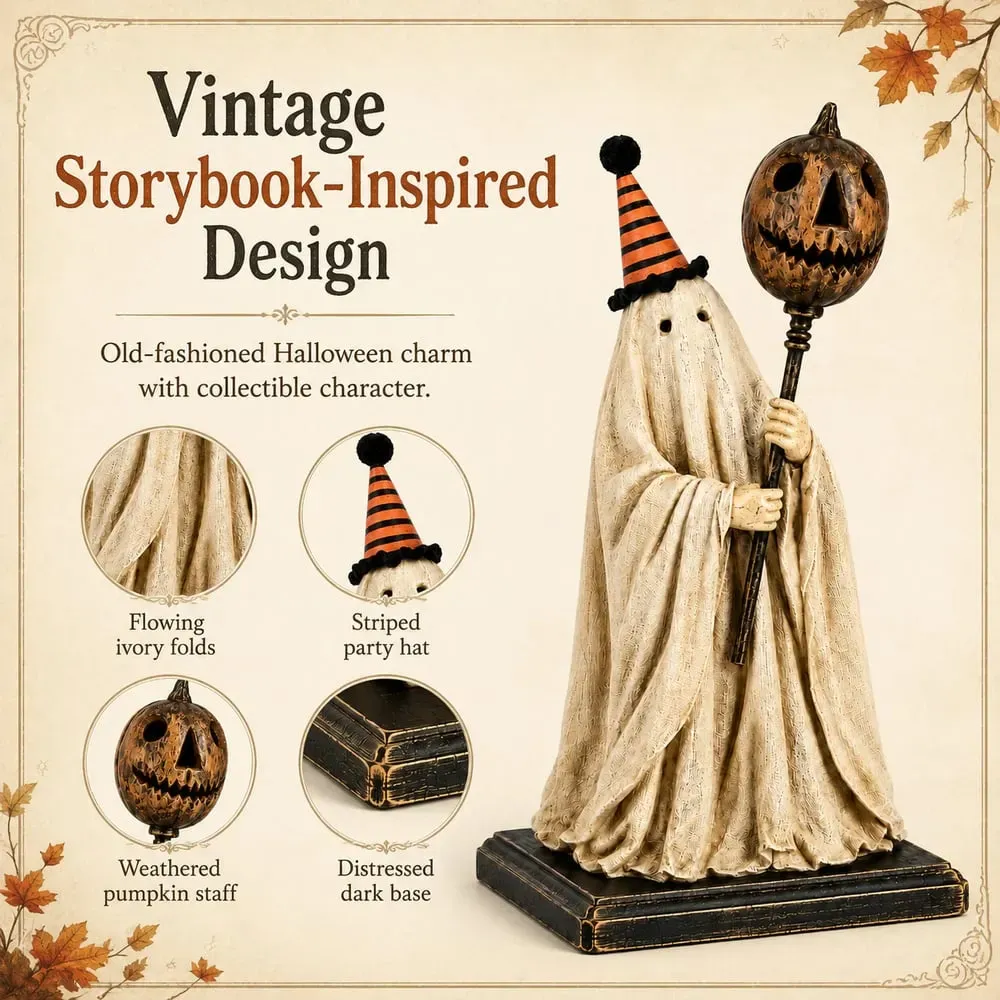 🏆Summerween Sale 49% OFF 👻🎃 Lighted Vintage Ghost Figurine with Glowing Pumpkin Staff