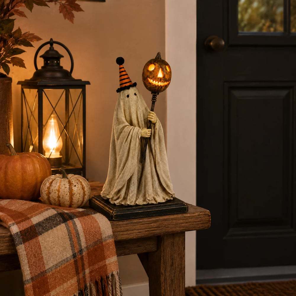 🏆Summerween Sale 49% OFF 👻🎃 Lighted Vintage Ghost Figurine with Glowing Pumpkin Staff