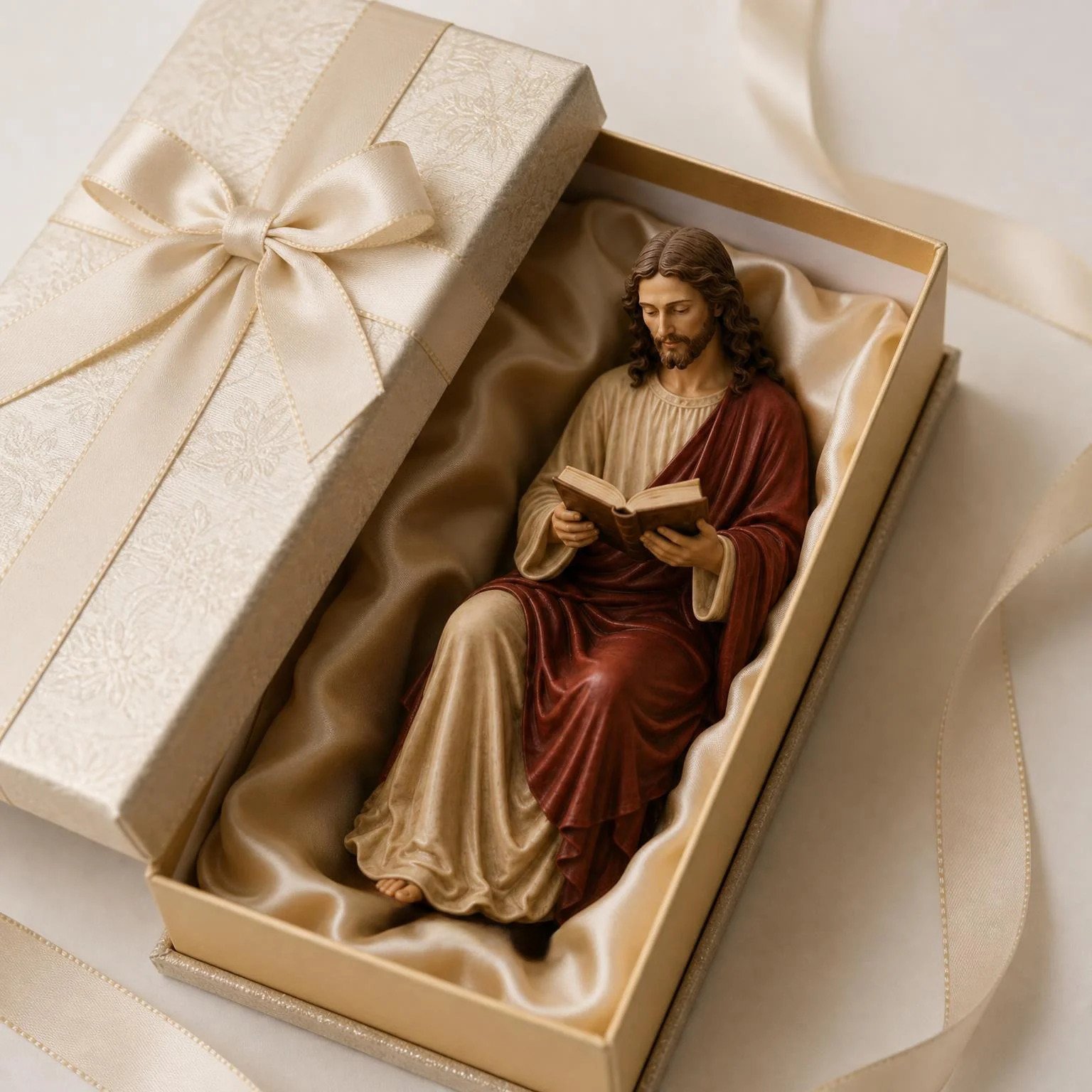  📖 Handcrafted Jesus/Virgin Mary Reading Bookshelf Figure