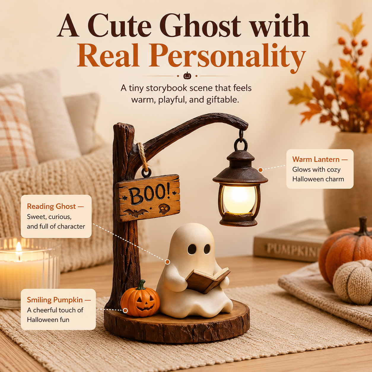 Lighted Boo Ghost Reading Tabletop Decor