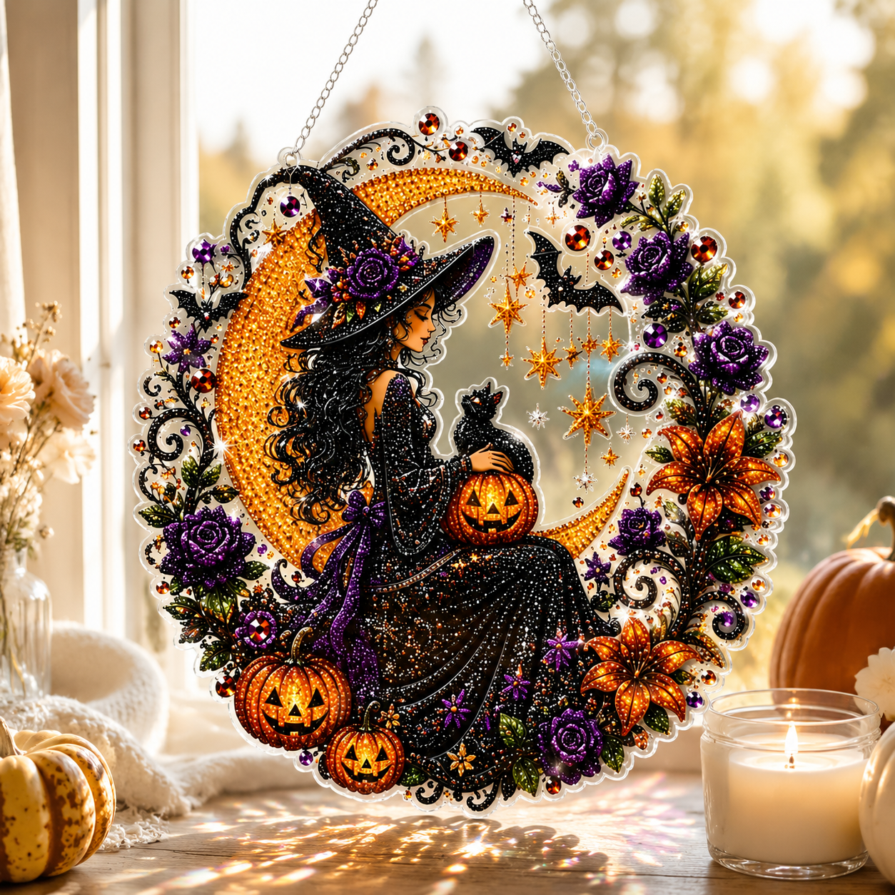 🔥Last Day 50% OFF-🎃Halloween Black Cat Moon Diamond Art Hanging Ornament Kit