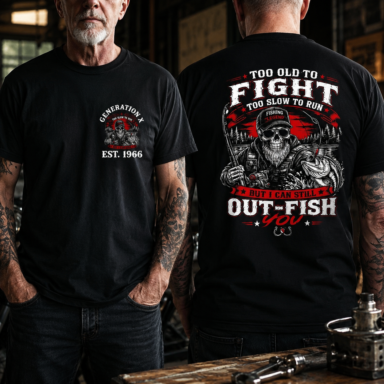 Custom EST.Year Too Old To Fight Too Slow To Run Old School Built Not Bought But I Can Still Ride Pretty Darn Good Not Perfect But Real T-Shirt