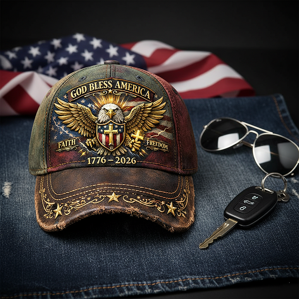Patriotic Eagle Baseball Cap – “God Bless America” 250th Anniversary Hat (1776–2026)