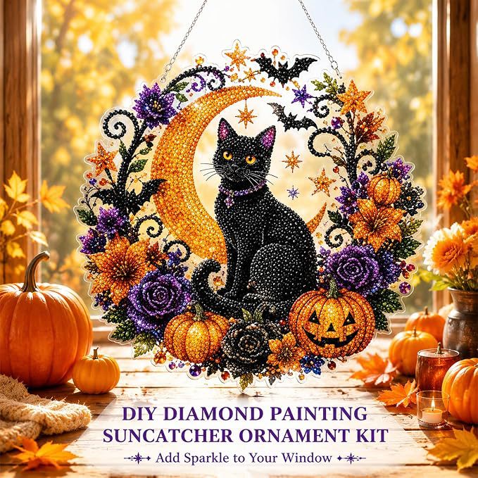 🔥Last Day 50% OFF-🎃Halloween Black Cat Moon Diamond Art Hanging Ornament Kit