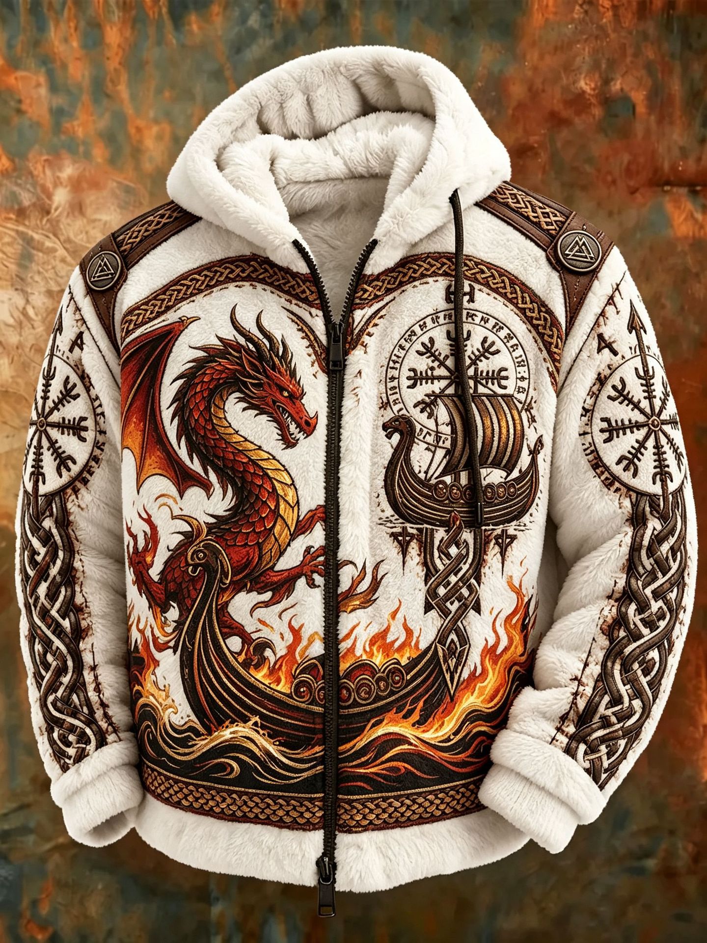 Men's Nordic Forest Animals Fleece-Lined Hooded Jacket