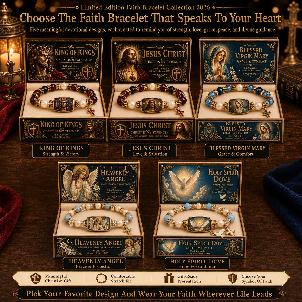 ✝️ Limited Edition Faith Bracelet Collection 2026 | Comfortable Stretch Fit & Matching Devotional Gift Box 👑🕊️✨