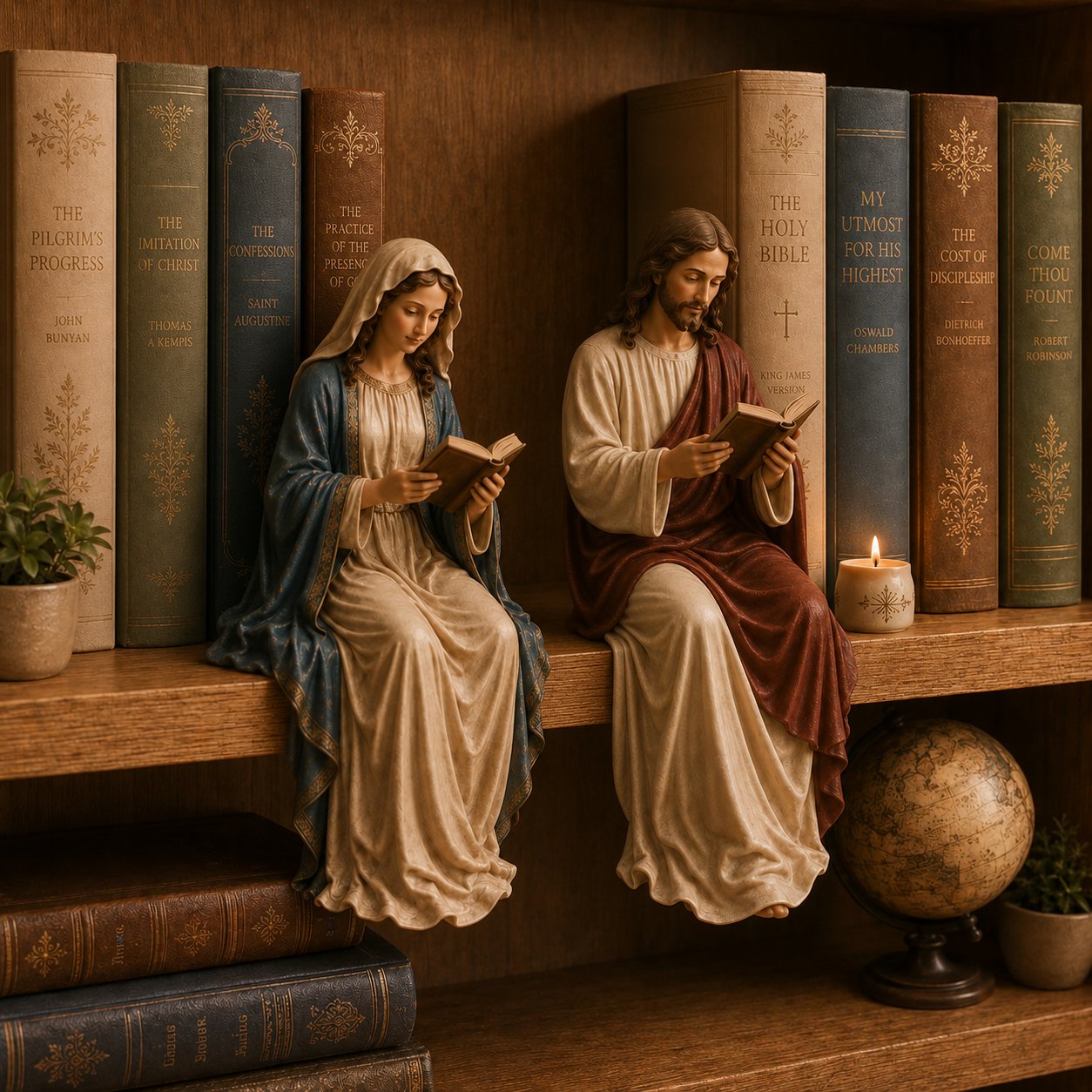  📖 Handcrafted Jesus/Virgin Mary Reading Bookshelf Figure