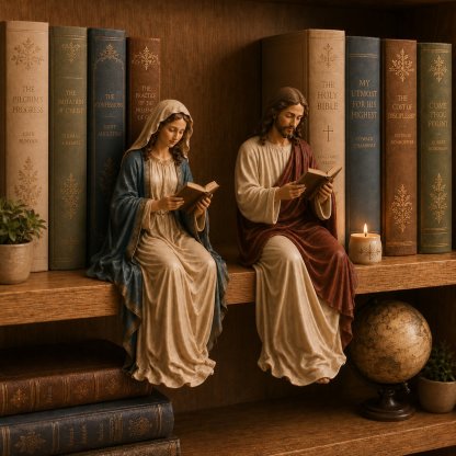  📖 Handcrafted Jesus/Virgin Mary Reading Bookshelf Figure